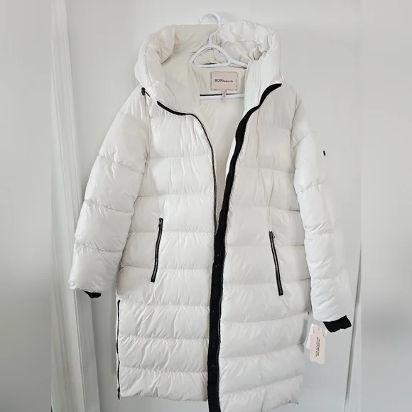 BCBG Generation Off White Black Long Puffer Parka Coat Jacket Size L - Picture 2 of 12